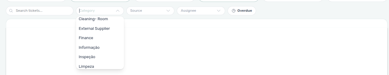 Operations Tickets — Category menu scrolled through the Settings catalog