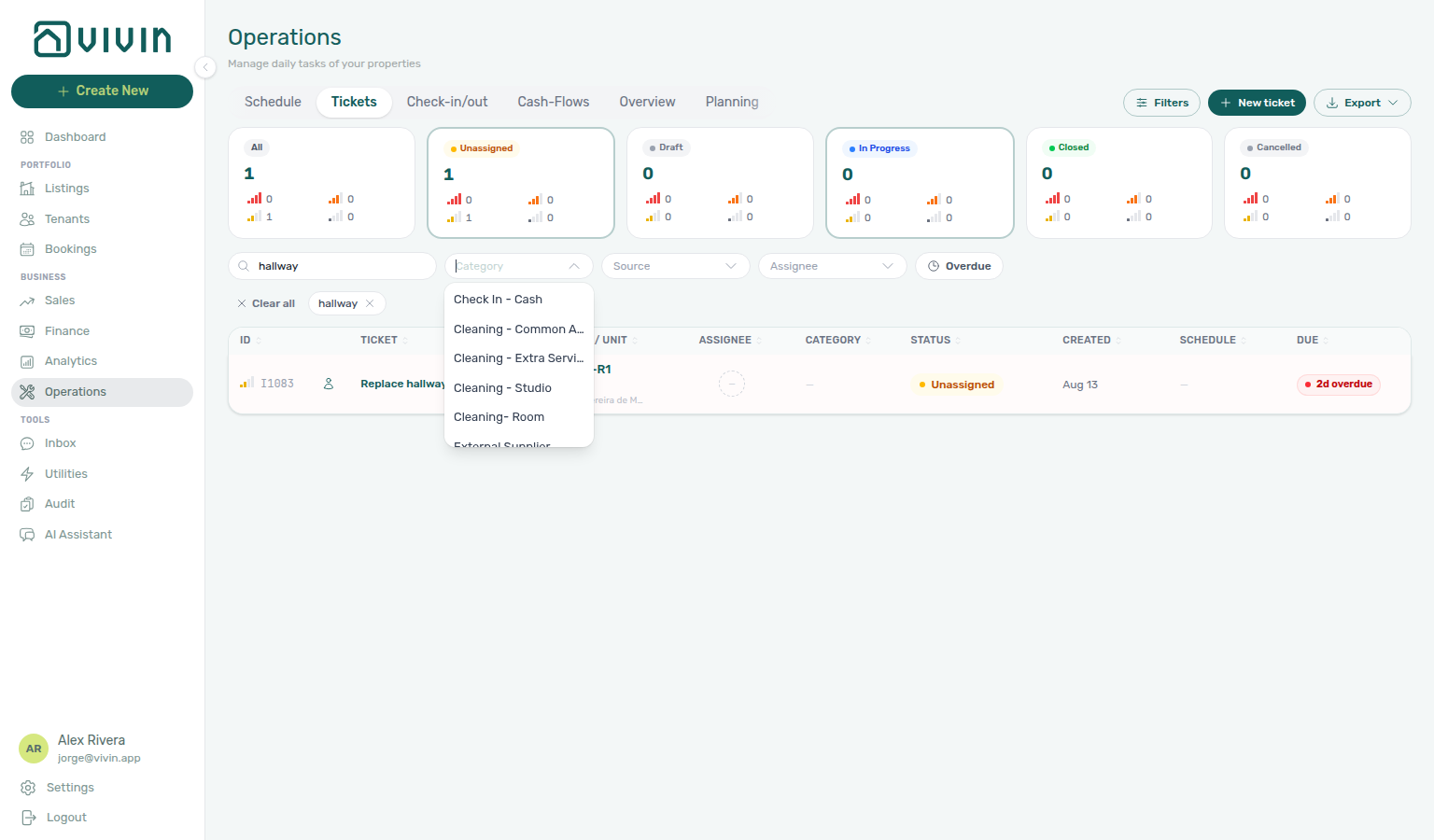 Operations Tickets — Category menu open over a hallway search, catalog still listing types