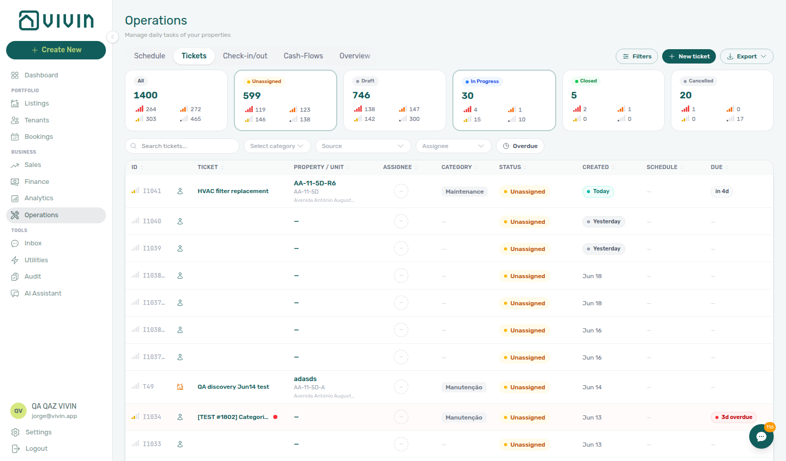 Operations Tickets — Draft summary card in the status strip and ticket list after filtering to far-future scheduled work