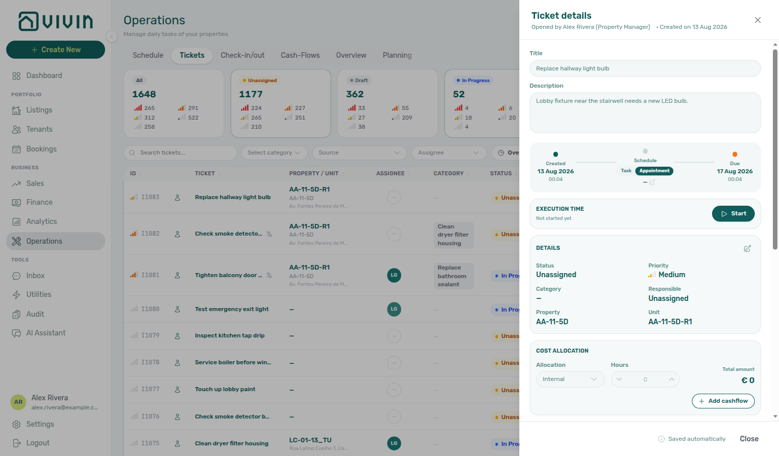 Operations Tickets — Ticket details sidebar opened from an email See ticket deep link