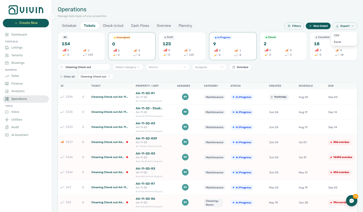 Operations Tickets — Export menu (CSV / Excel) on the Tickets tab; download reflects current filters and sort