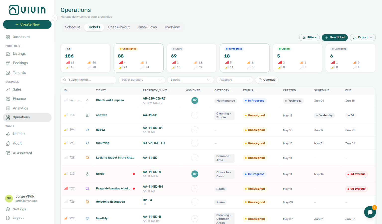 Operations Tickets — Export menu (CSV / Excel) on the Tickets tab; download reflects current filters and sort