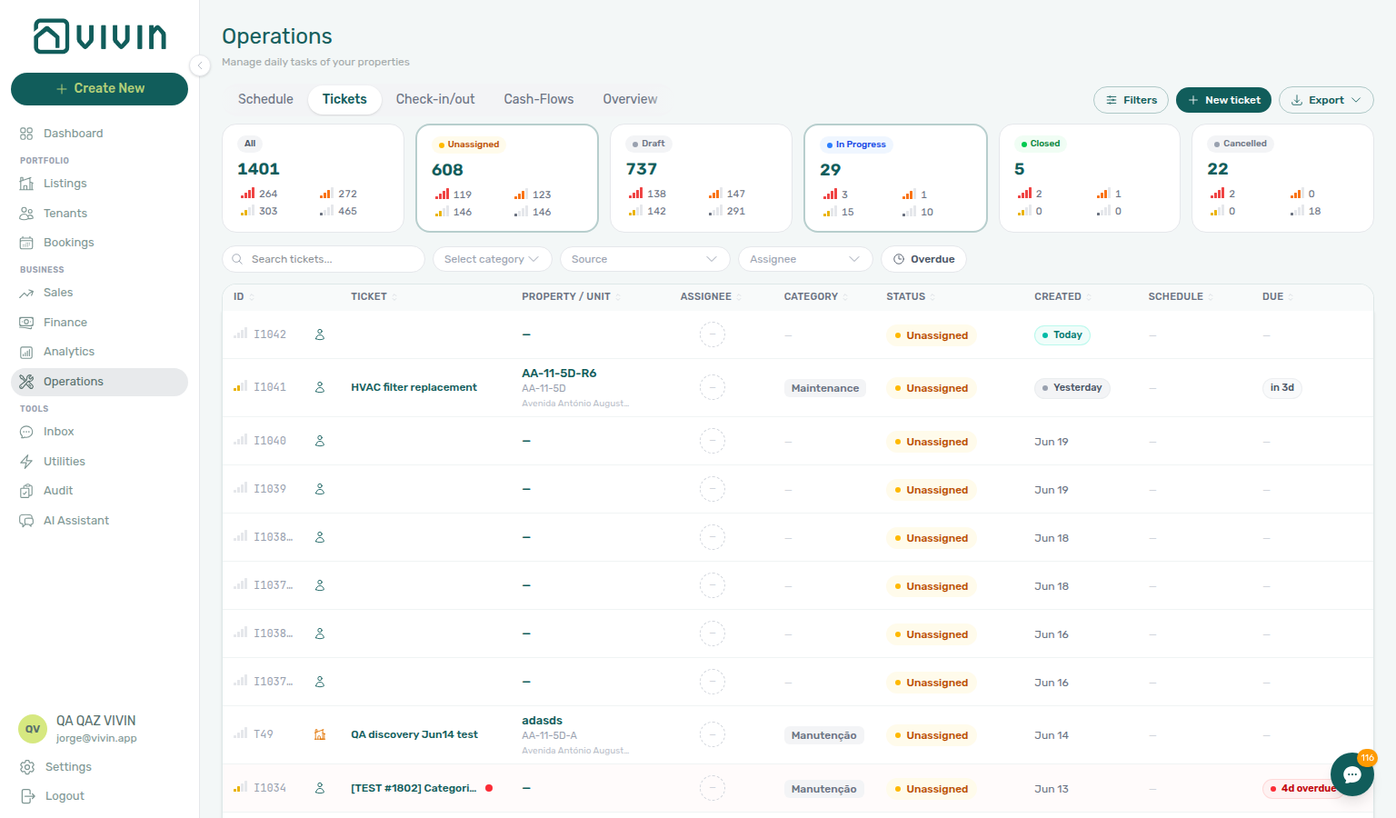 Operations — Tickets tab with status summary cards, toolbar, and ticket table