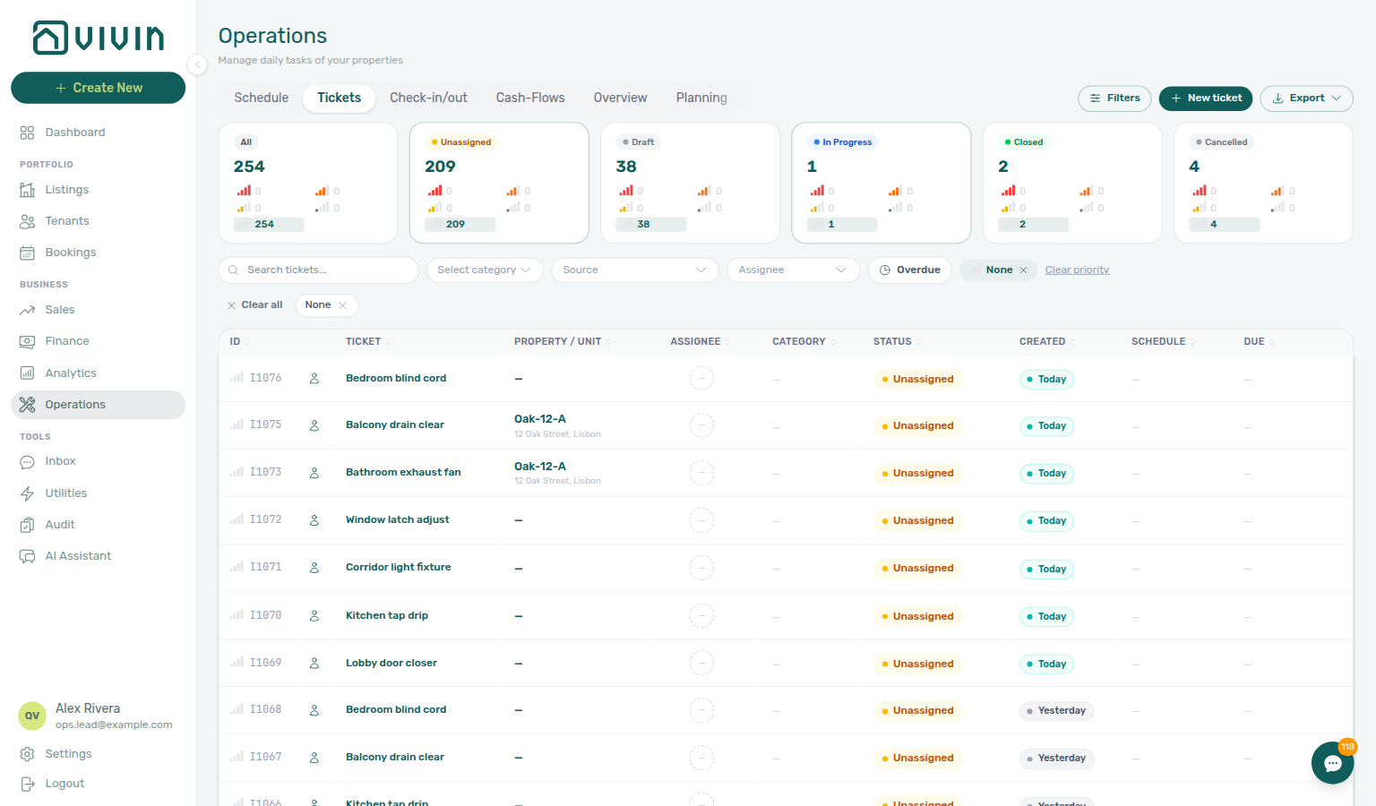 Operations Tickets — list filtered to None priority with toolbar None chip and Clear priority