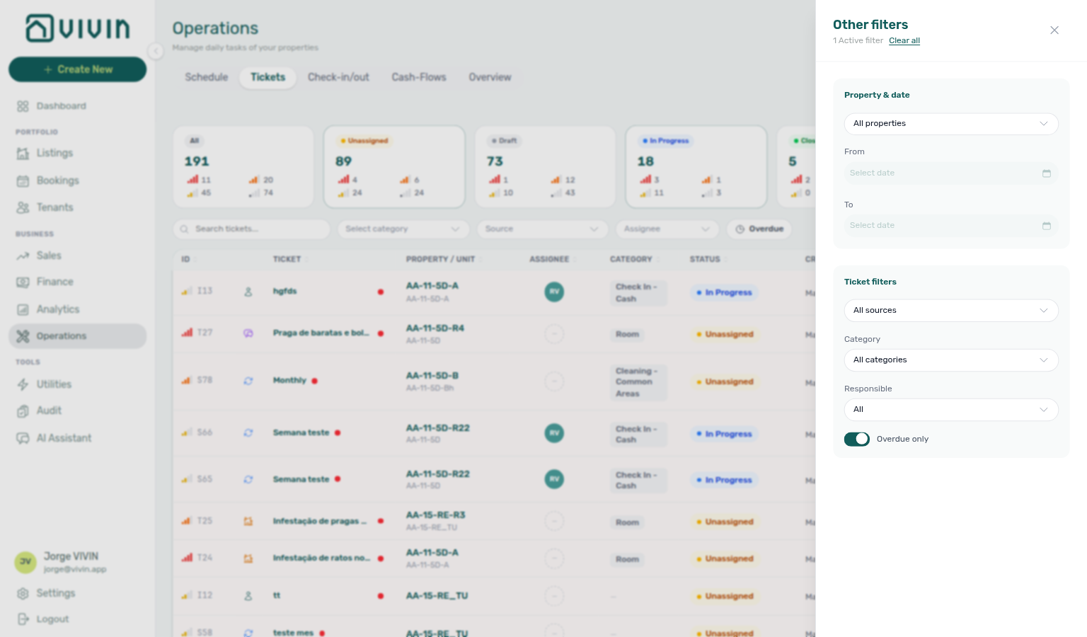 Operations Tickets — Other filters drawer with Overdue only enabled