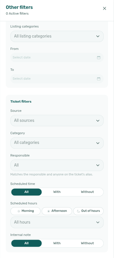Operations Tickets — Other filters drawer with Internal note All, With, and Without on Ticket filters