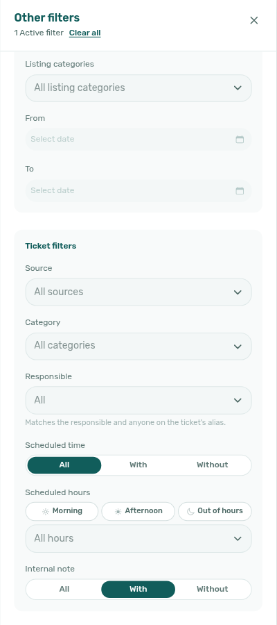 Operations Tickets — Other filters Internal note set to With (1 Active filter)
