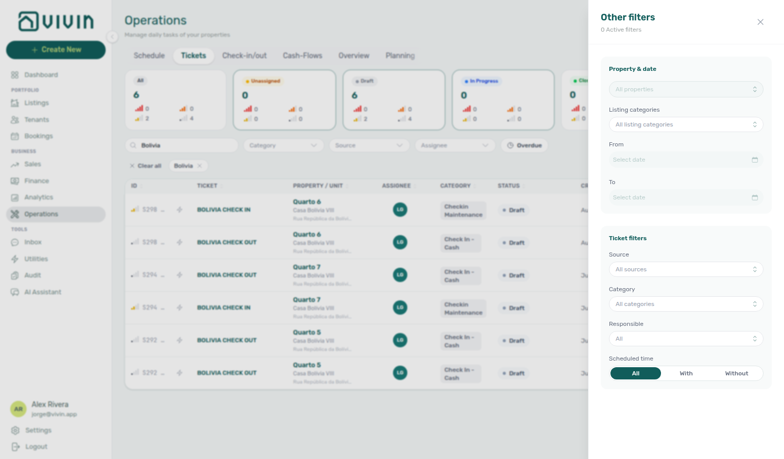 Operations Tickets — Other filters drawer with Scheduled time All, With, and Without on Ticket filters