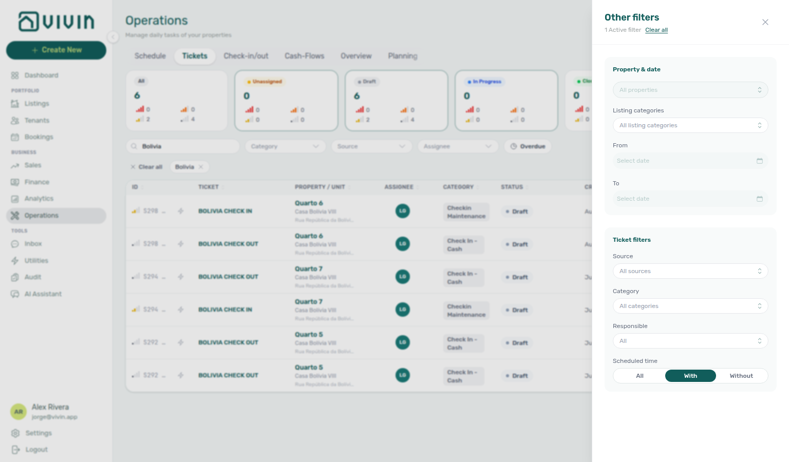 Operations Tickets — Other filters Scheduled time set to With, Casa Bolívia VIII timed rows still in the list