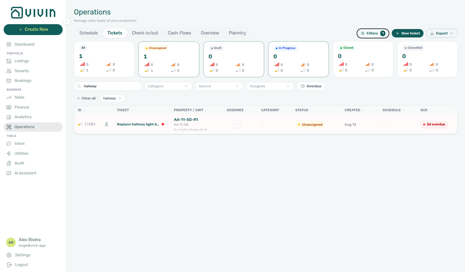 Operations Tickets — hallway repair with no clock time: Schedule shows a dash
