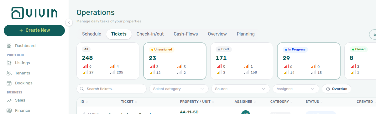Operations Tickets — Other filters property chip scoped to AA-11-5D with a property-level row (building name only in the location column, example I1052)