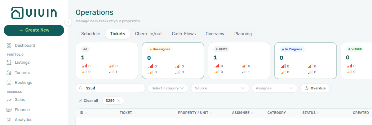 Operations Tickets — toolbar Search narrowed by sequential ticket ID (example S259)