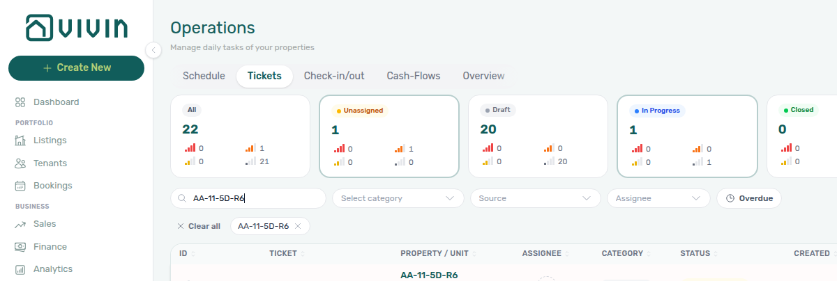 Operations Tickets — toolbar Search narrowed by unit internal name (unit / room matches ranked first)