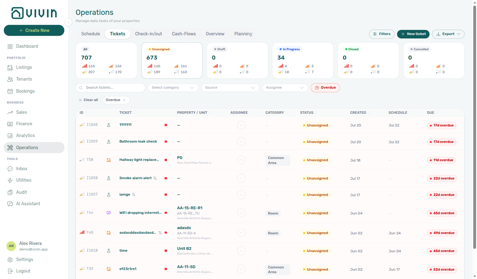 Operations Tickets — status cards with Overdue on (Draft/Closed/Cancelled at 0; All matches open overdue buckets)