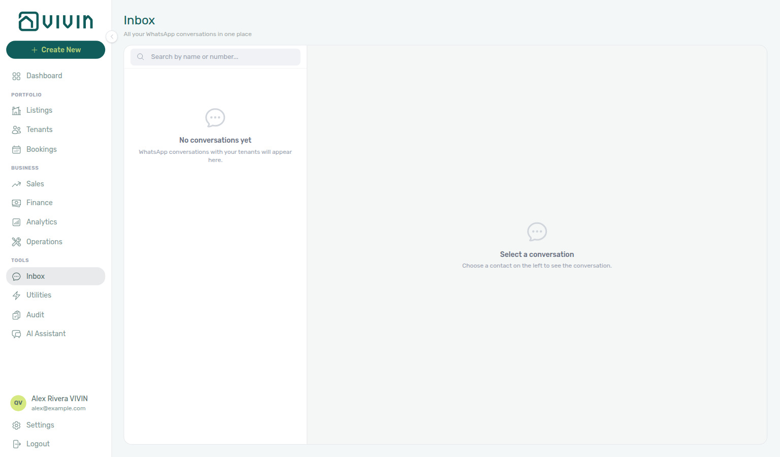 Inbox — owner-linked user with no WhatsApp threads on their properties yet
