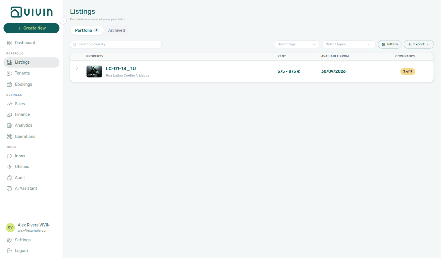 Listings — Portfolio (1) for an owner-linked user showing only that owner’s building