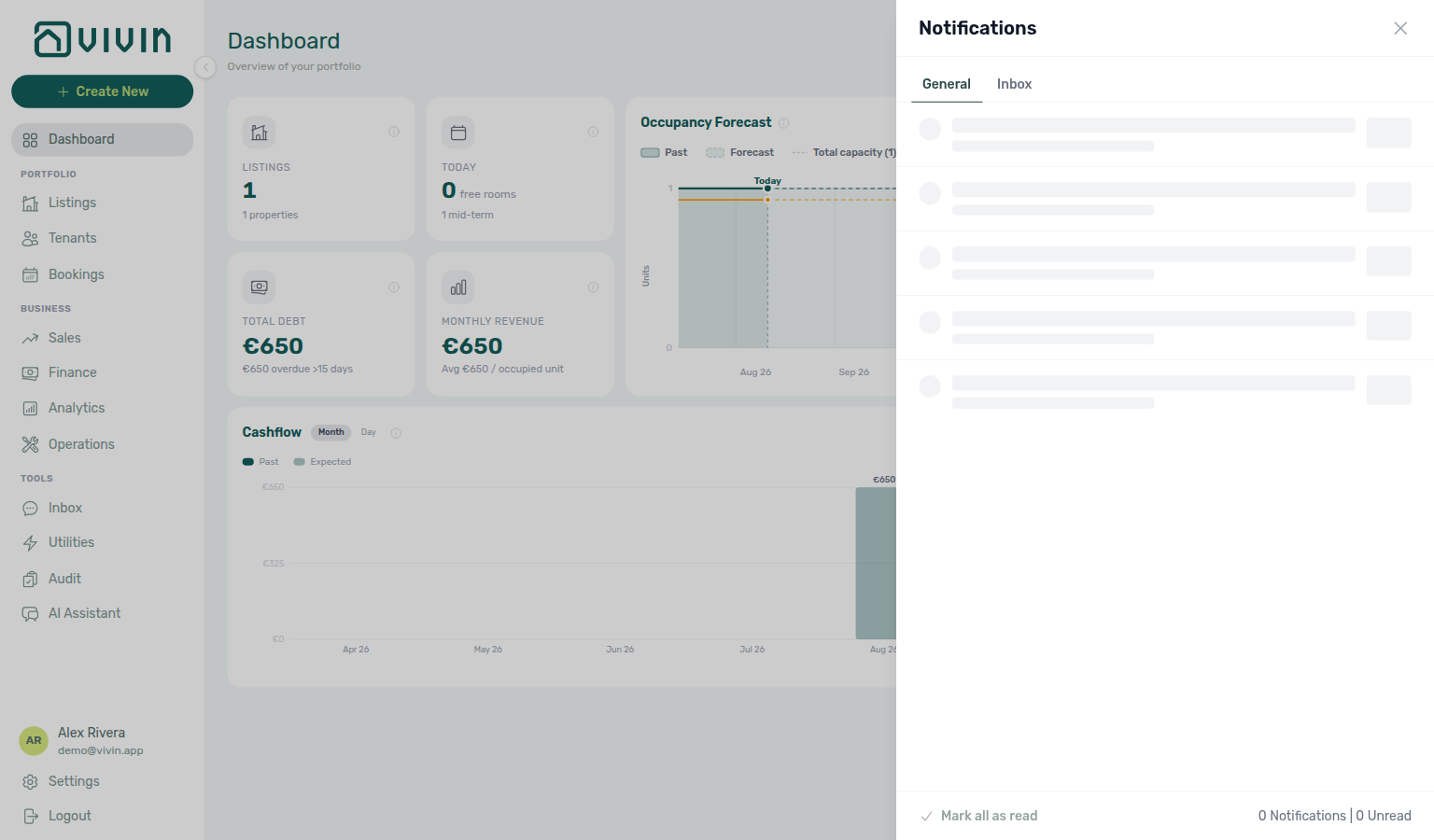 Dashboard bell — General tab for an owner-linked login (alerts limited to that owner’s buildings)
