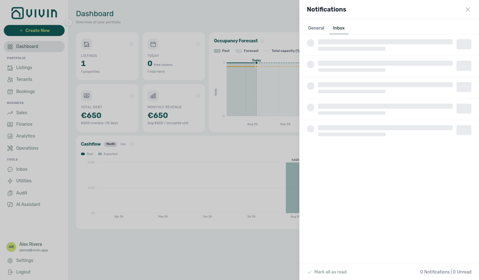 Dashboard bell — Inbox tab for the same owner-linked login (WhatsApp threads on their buildings only)