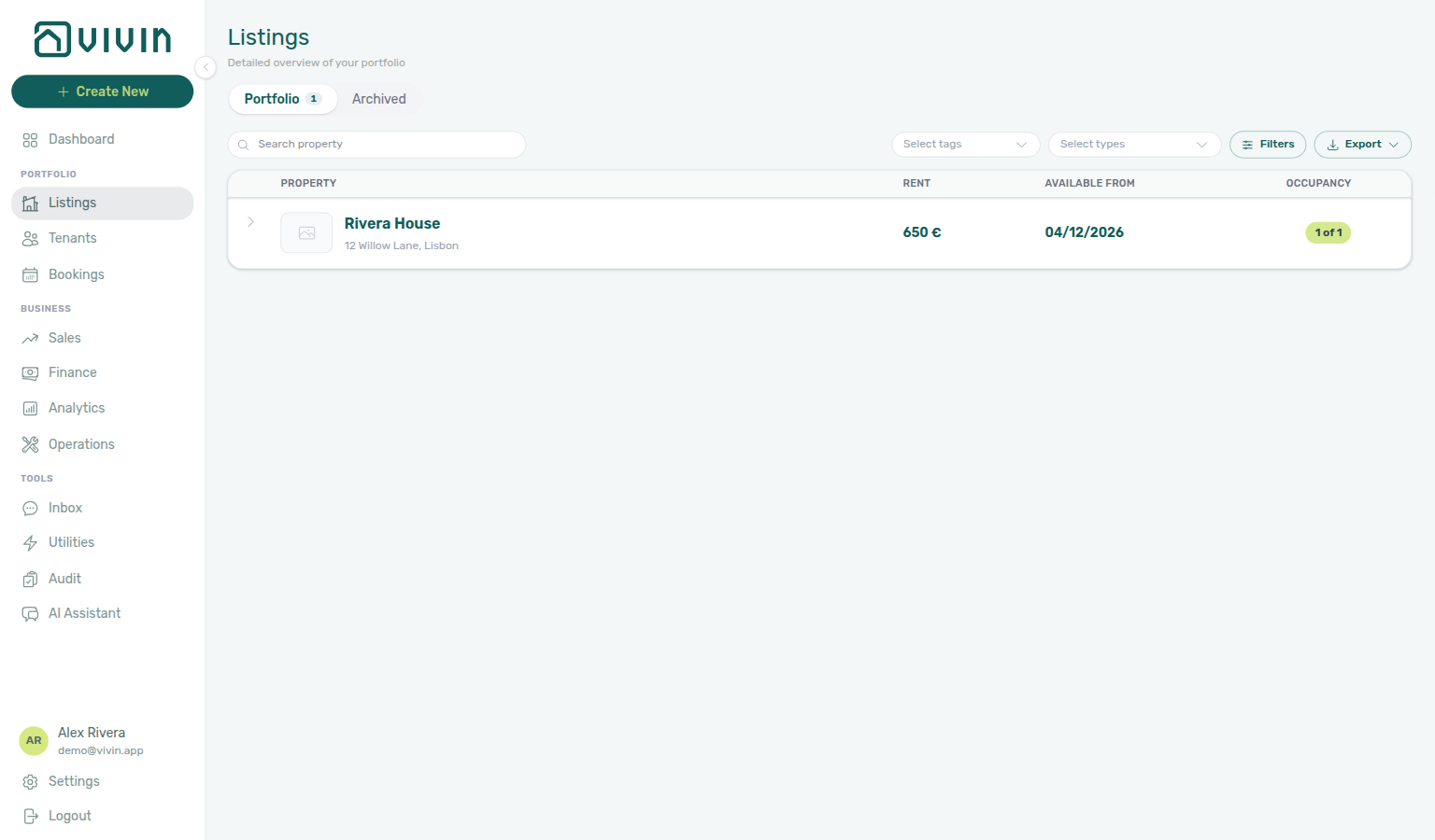 Listings — Portfolio (1) for the same owner-linked login (Rivera House only)