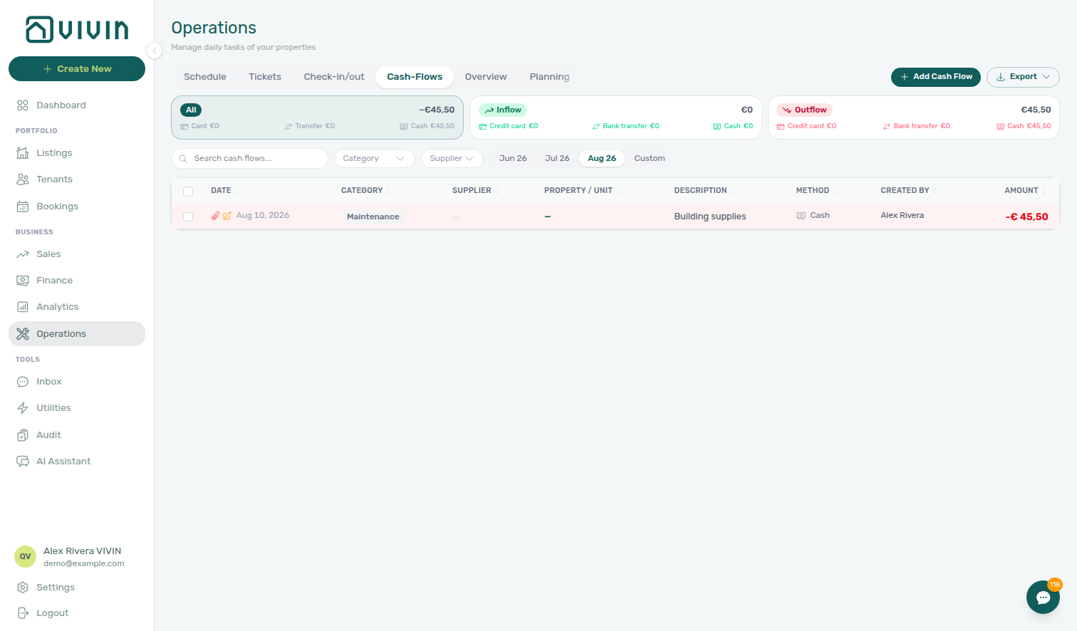 Operations Cash Flows — owner-linked login with a single property’s outflow row