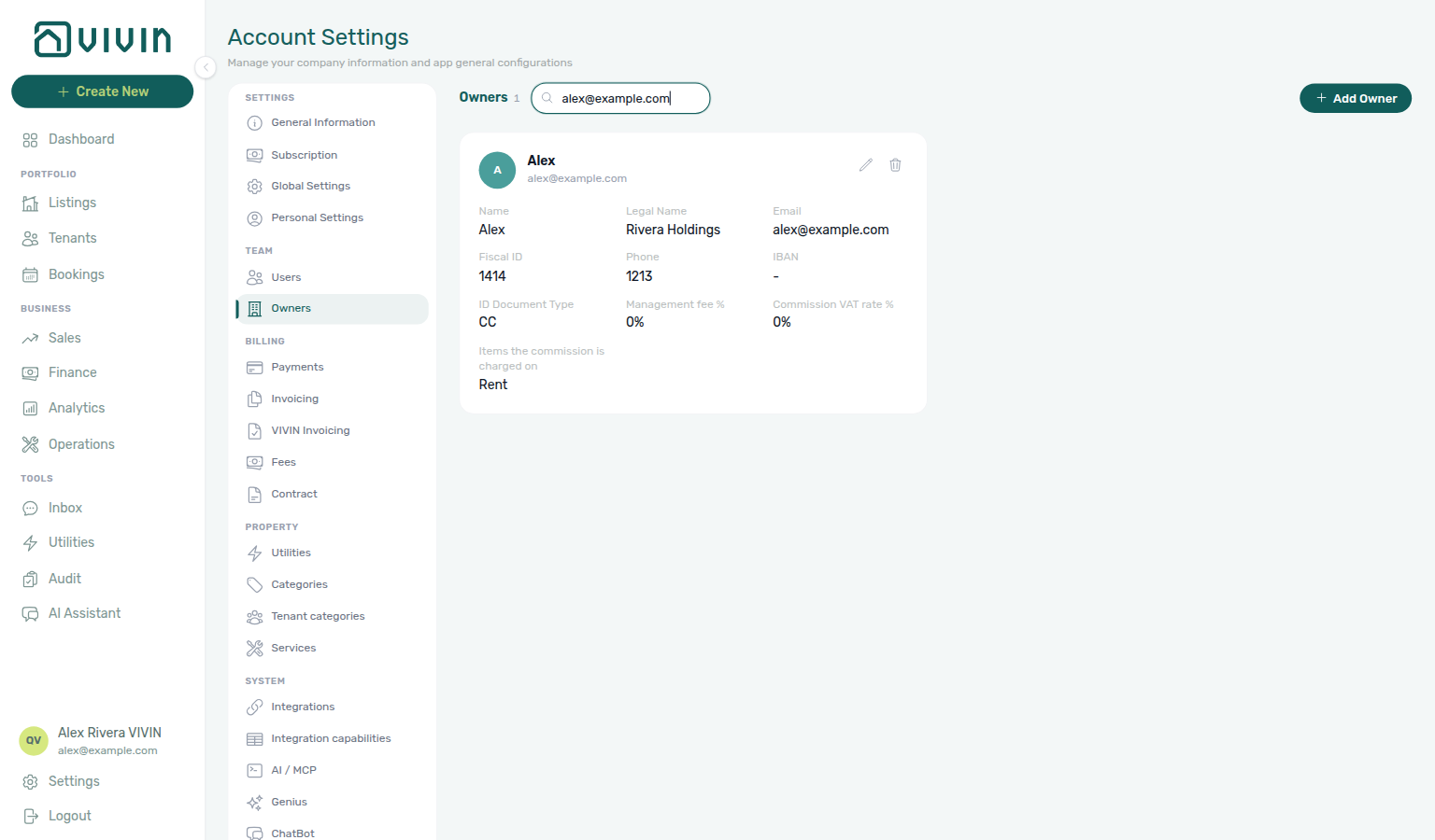 Account Settings — Owners card for the landlord whose email matches the signed-in owner-linked user