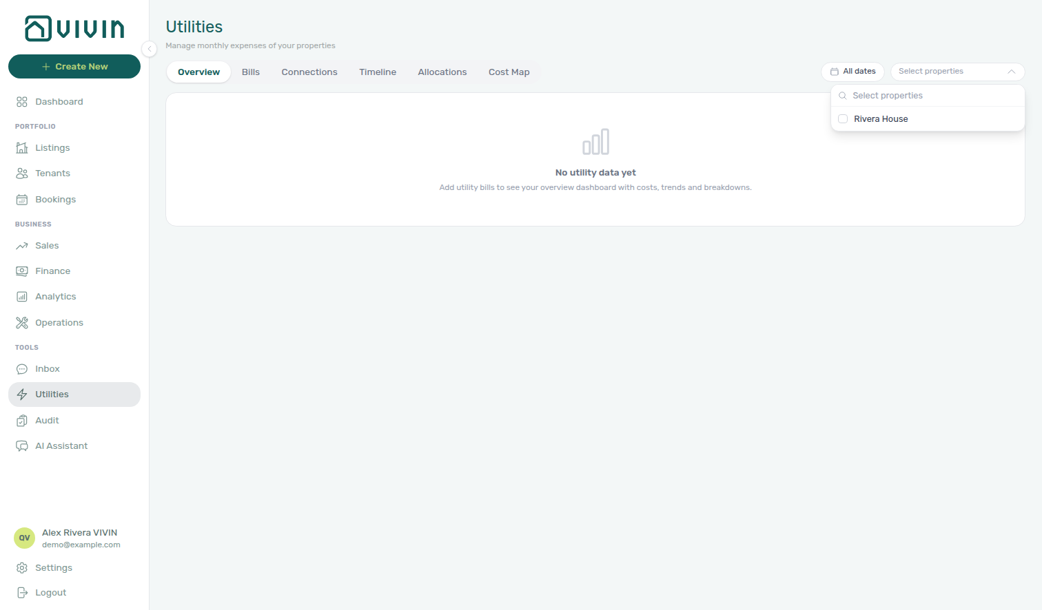 Utilities — Select properties menu listing only the owner-linked building