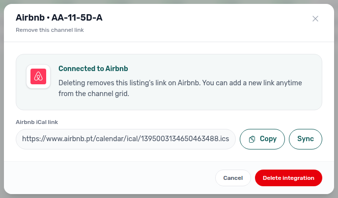 Sales — Airbnb iCal manage modal with Connected summary and platform iCal Copy/Sync