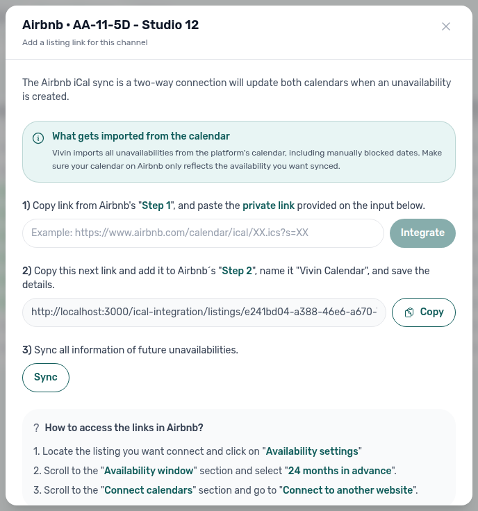 Sales — Airbnb iCal setup wizard modal (paste platform URL, confirm connection)