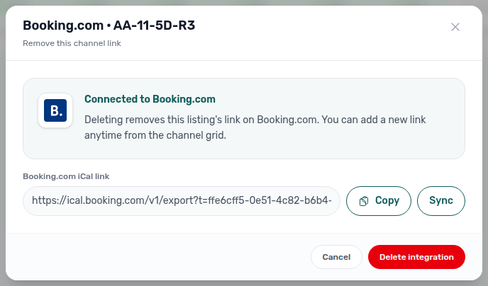 Sales — Channels tab, Booking.com iCal manage modal with Connected summary, platform iCal Copy/Sync, and Delete integration (example unit AA-11-5D-R3)