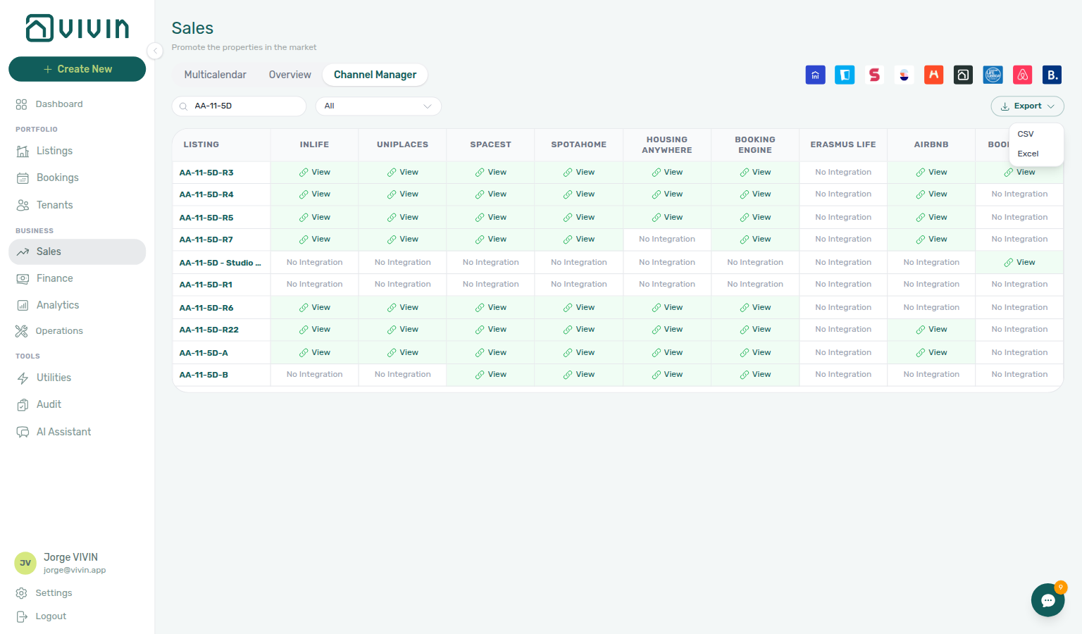 Sales Channel Manager — Export menu (CSV / Excel) on the Channels tab; export includes VIVIN iCal URLs per filtered row
