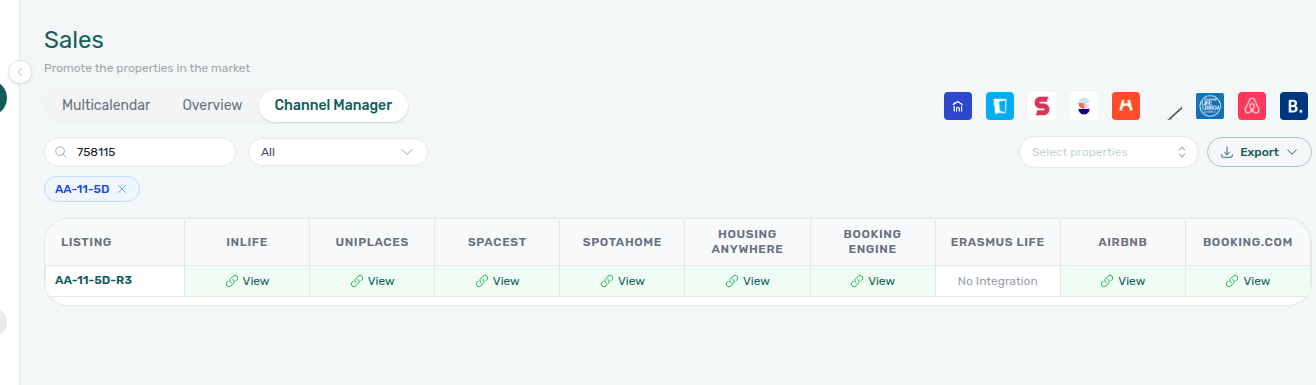 Sales — Channels tab, Search units filtered by a Uniplaces external id (758115) with property chip AA-11-5D; grid narrows to unit AA-11-5D-R3