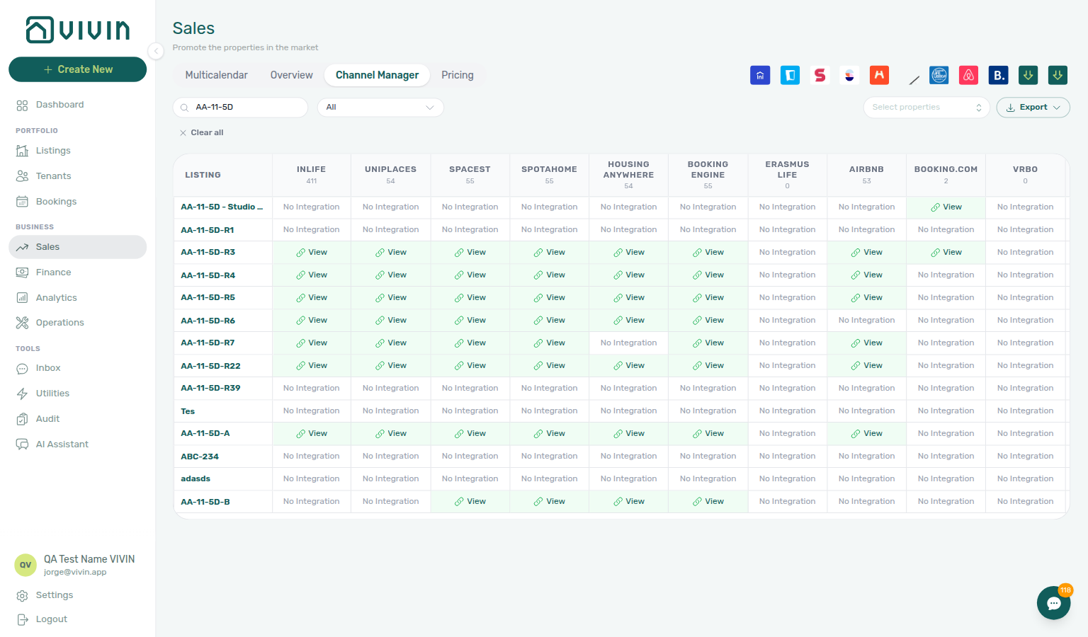 Sales — Channel Manager grid with per-listing integrations and channel status