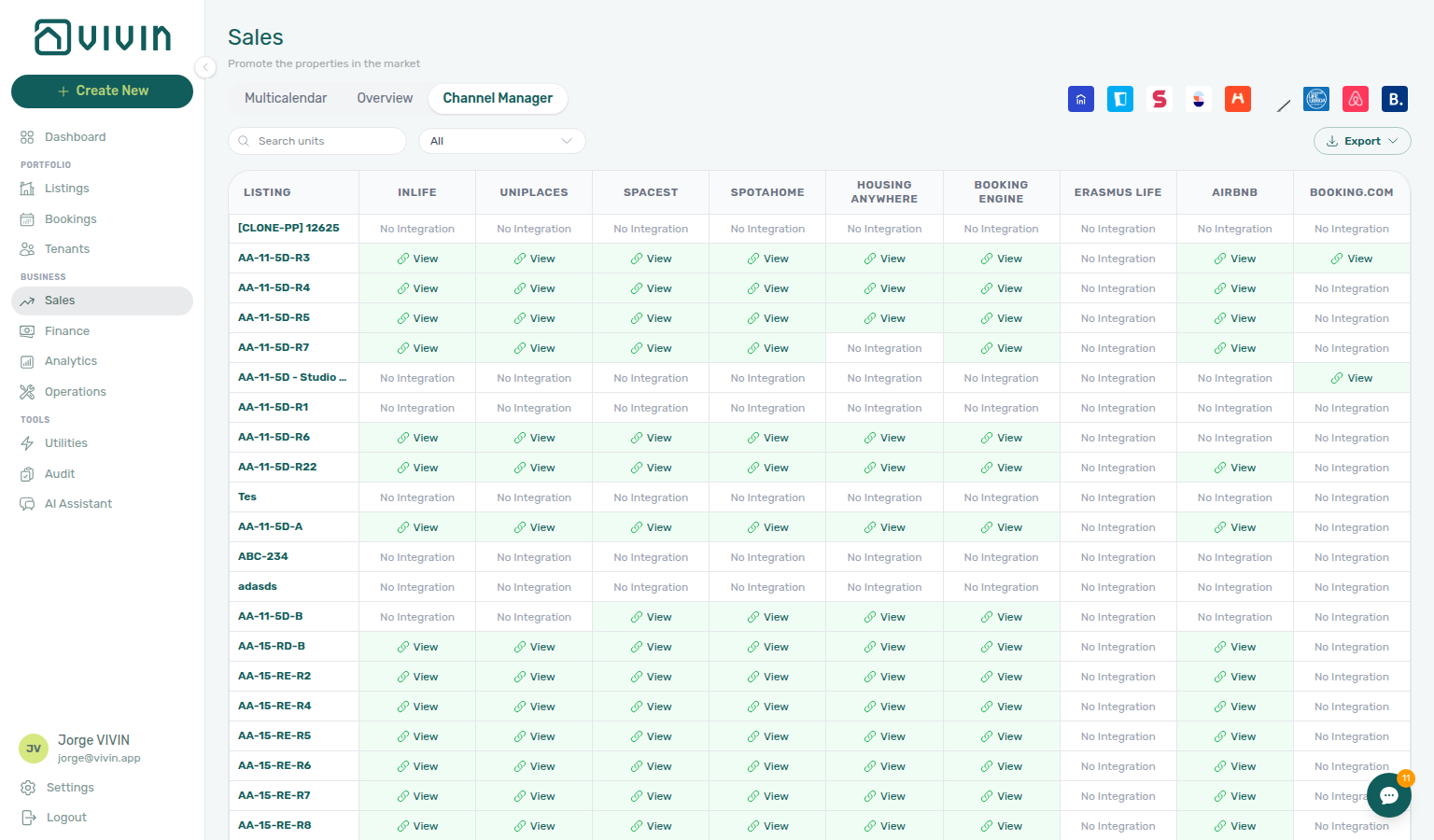 Sales — Channel Manager link modal for external listing ID or iCal URL