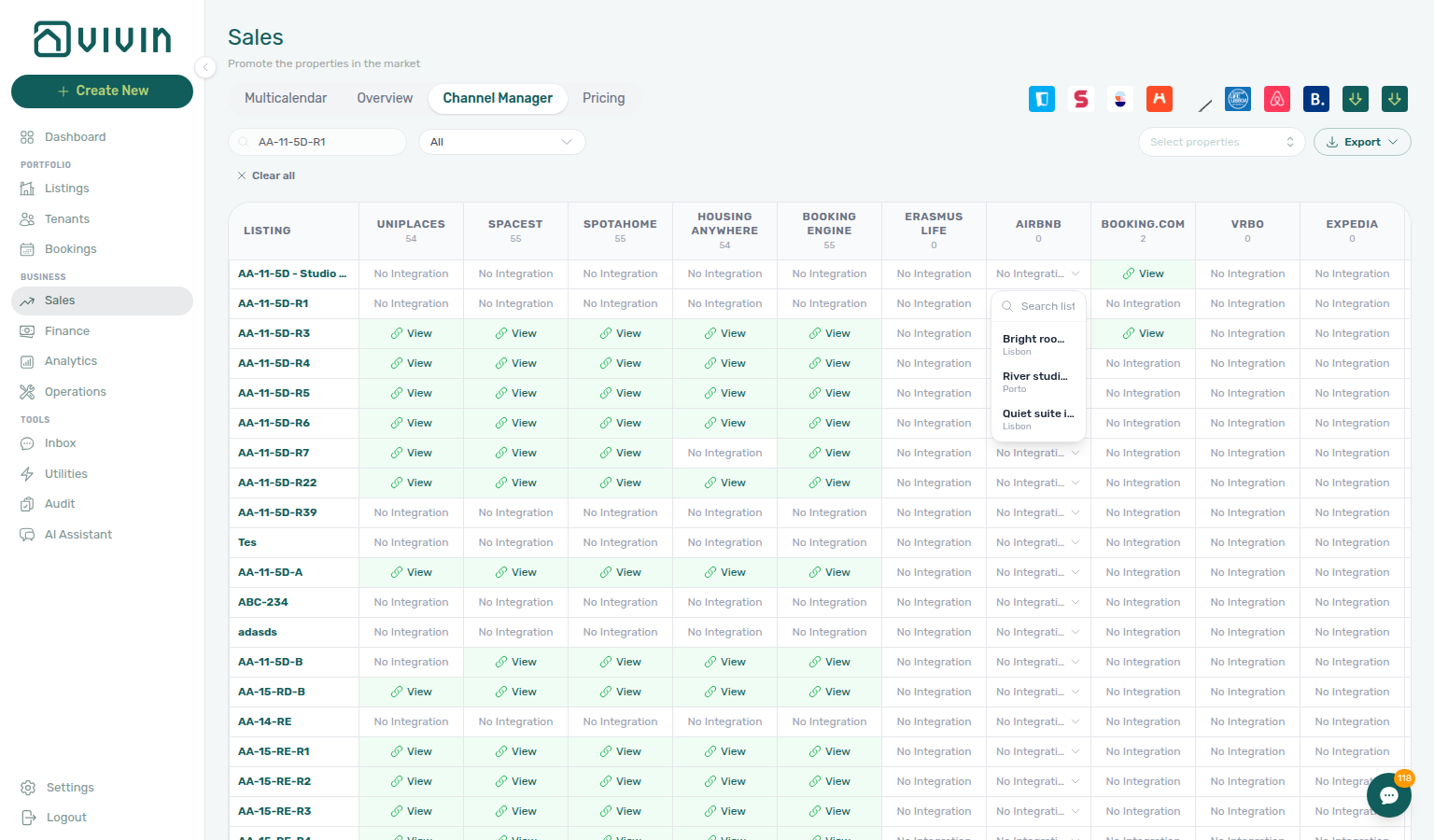 Sales Channels — Channex Airbnb allocate picker open (search + OTA listings)