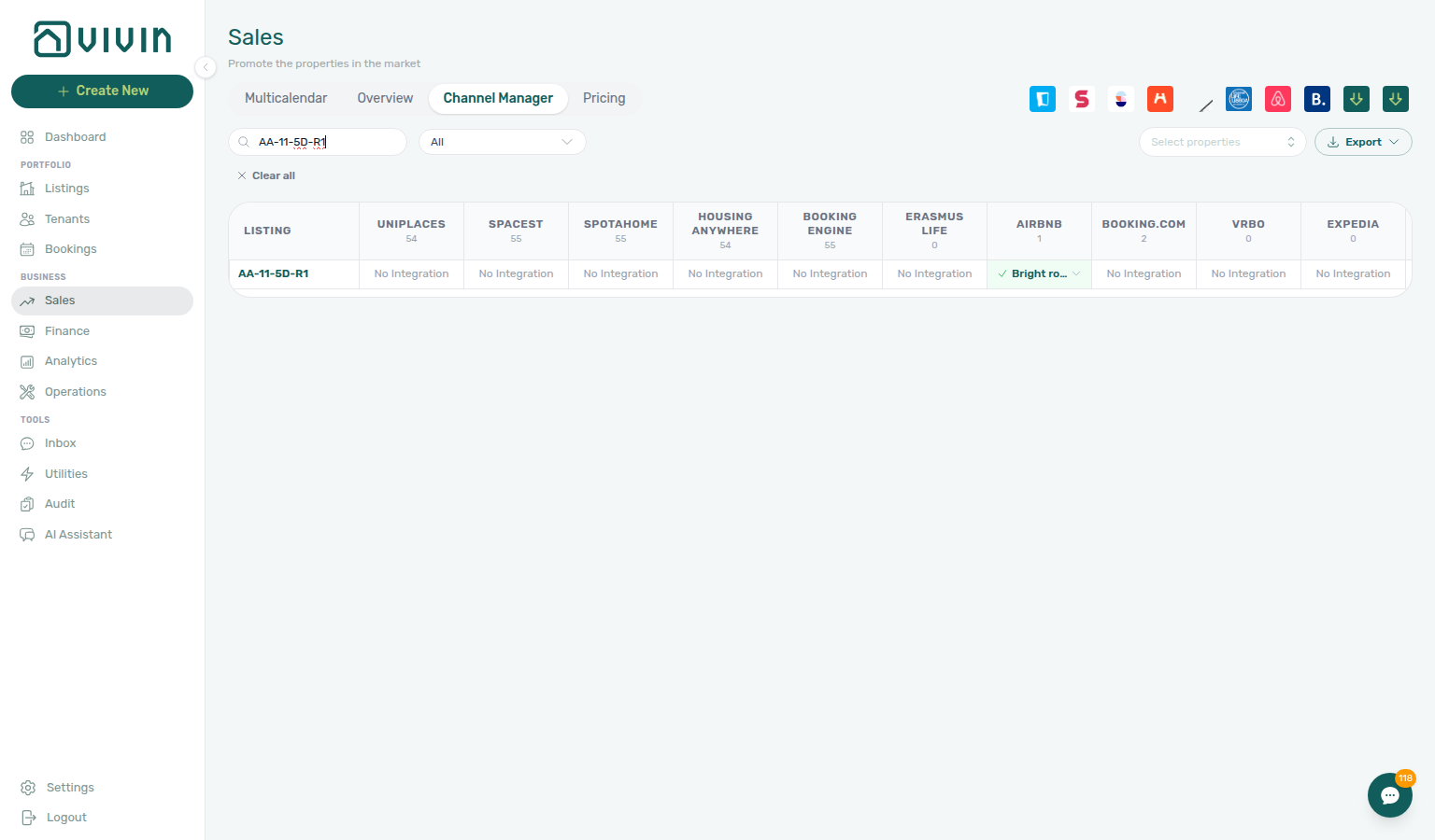 Sales Channels — Channex Airbnb allocated cell (green check + OTA listing title)