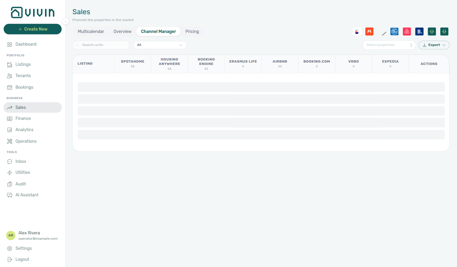 Sales — Channel Manager initial load with toolbar visible and pulse placeholders (not No units found)