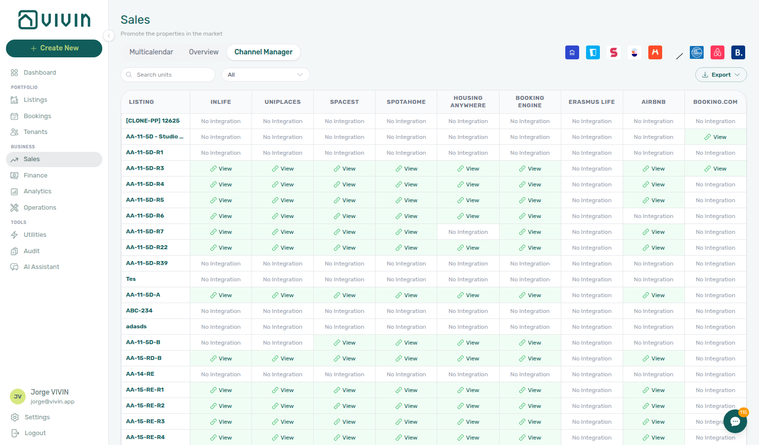 Sales — Channels tab loading the next page of unit rows with skeleton placeholders at the bottom