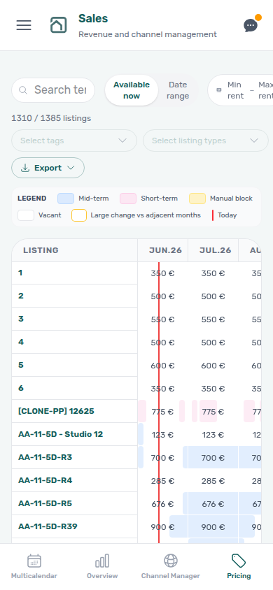 Sales — Pricing tab on a narrow viewport with in-tab pill row and bottom tab bar (four Sales tabs)
