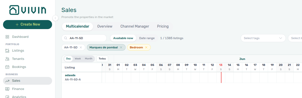 Sales — Multicalendar active tag and listing-type filter chips on the toolbar