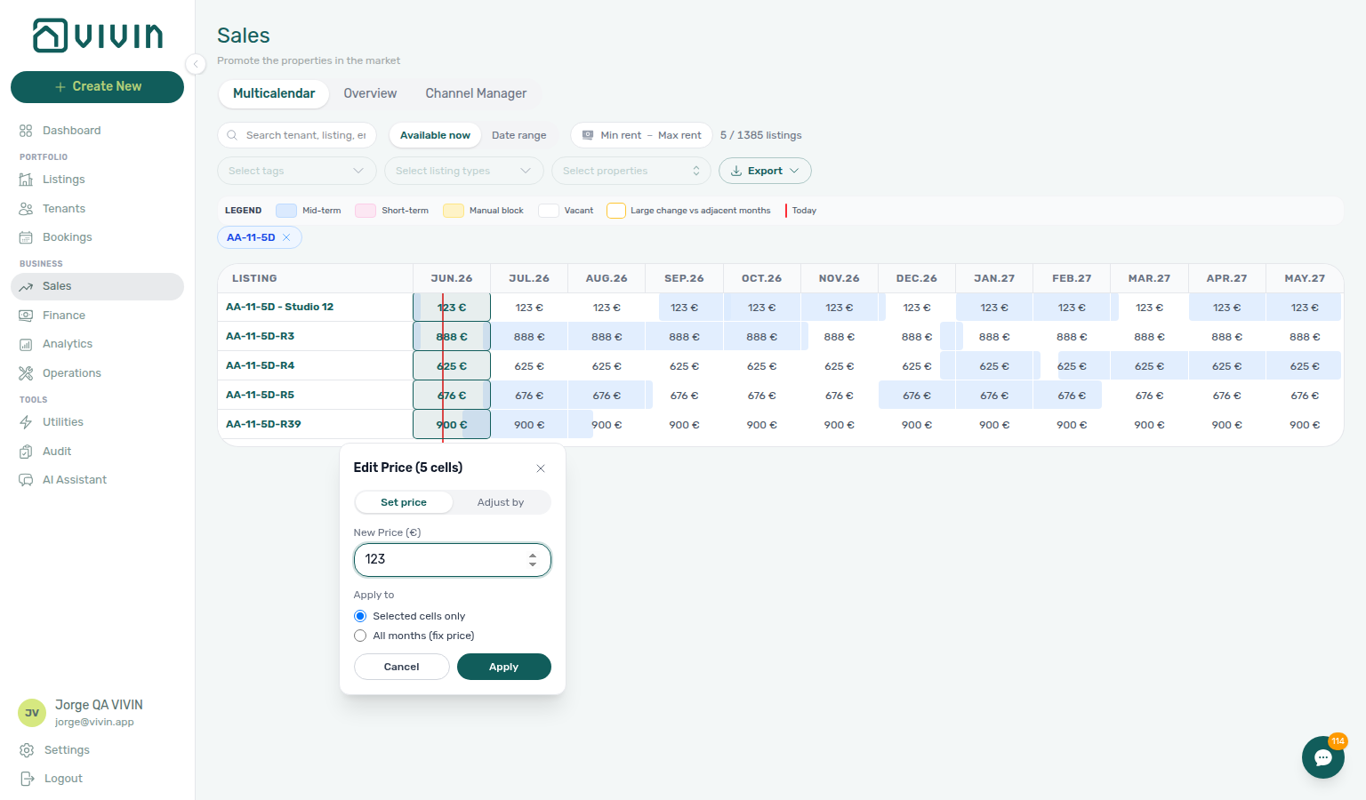 Sales Multi-calendar — month column header selected across loaded listing rows with Edit Price popover (Set price / Adjust by)