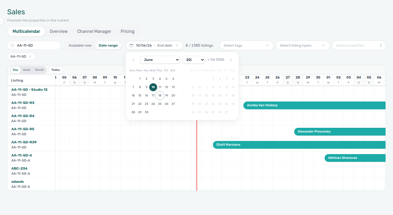 Sales — Multicalendar after a start–end date range is applied — pill shows selected dates and the timeline refetches to vacant-only rows for that window