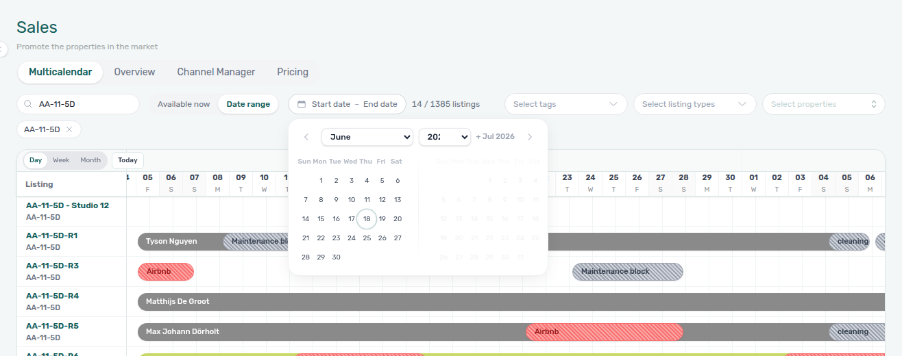 Sales — Multicalendar toolbar with Date range selected and the calendar picker open (Start date / End date)