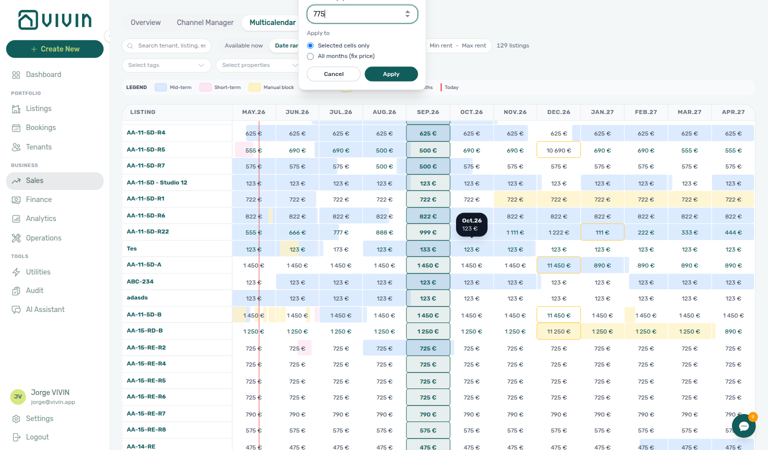 Sales Multicalendar — drag-selected month cells with Edit Price popover (Set price / Adjust by)