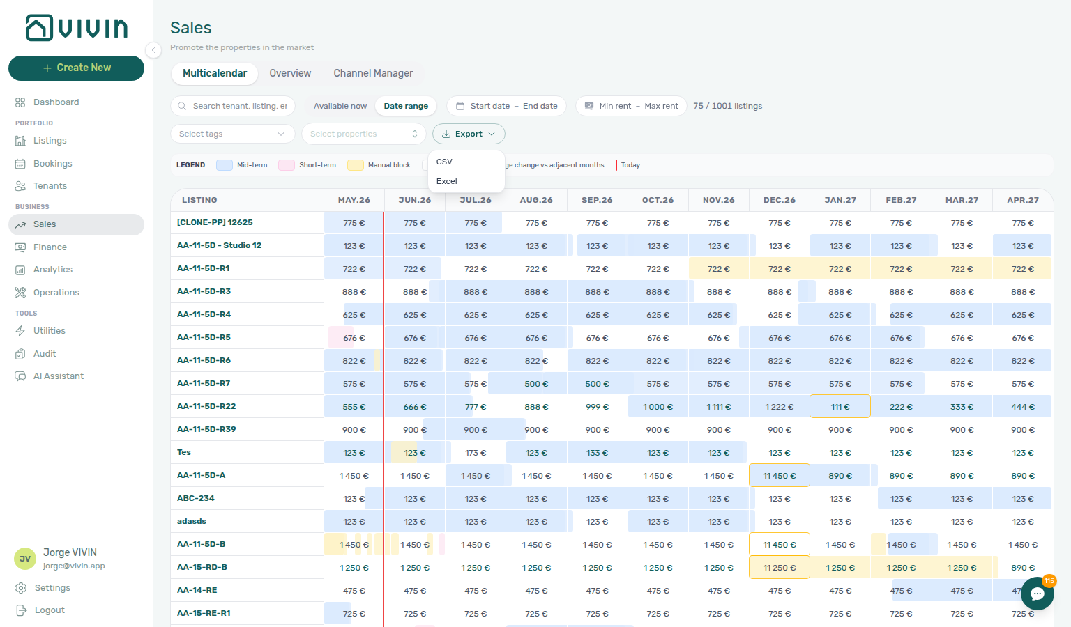 Sales Multi-calendar — Export menu (CSV / Excel) on the pricing grid; download reflects current filters (example search: AA-11-5D)