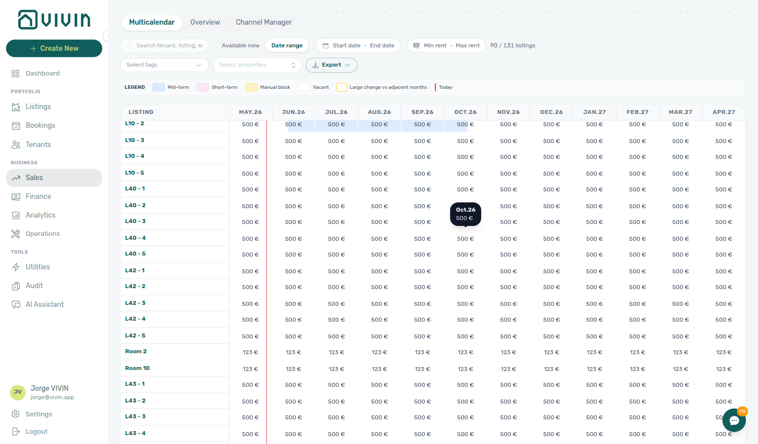 Sales — Multi-calendar grid loading the next page of listing rows with skeleton placeholders at the bottom