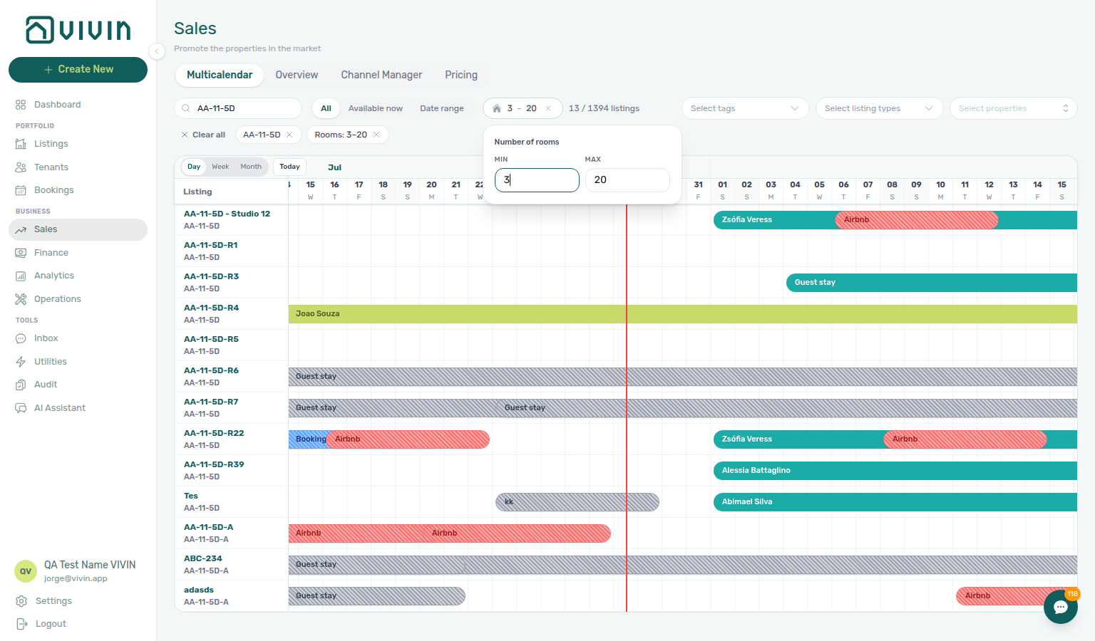 Sales Multicalendar — Number of rooms popover with Min 3 and Max 20 (example search AA-11-5D)