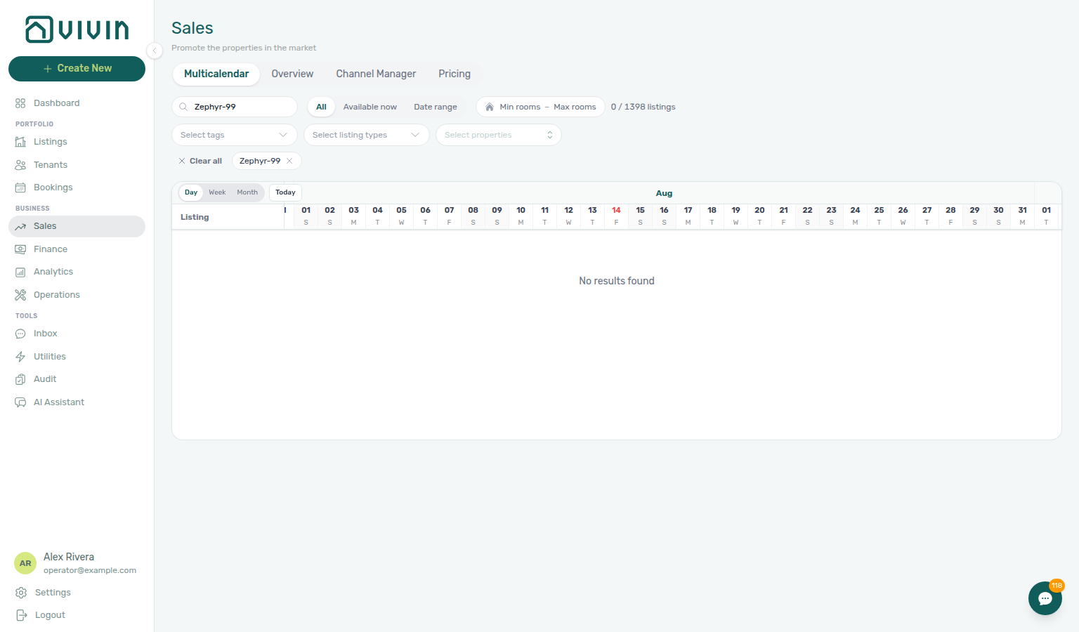 Sales Multicalendar — search with no matches (Zephyr-99): empty listing axis, date header stays, No results found