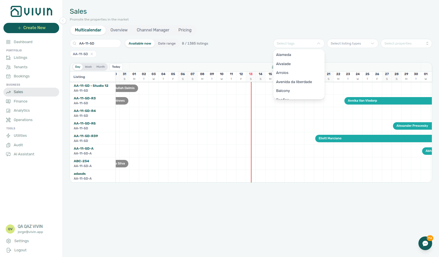 Sales — Multicalendar Select tags dropdown open on the toolbar