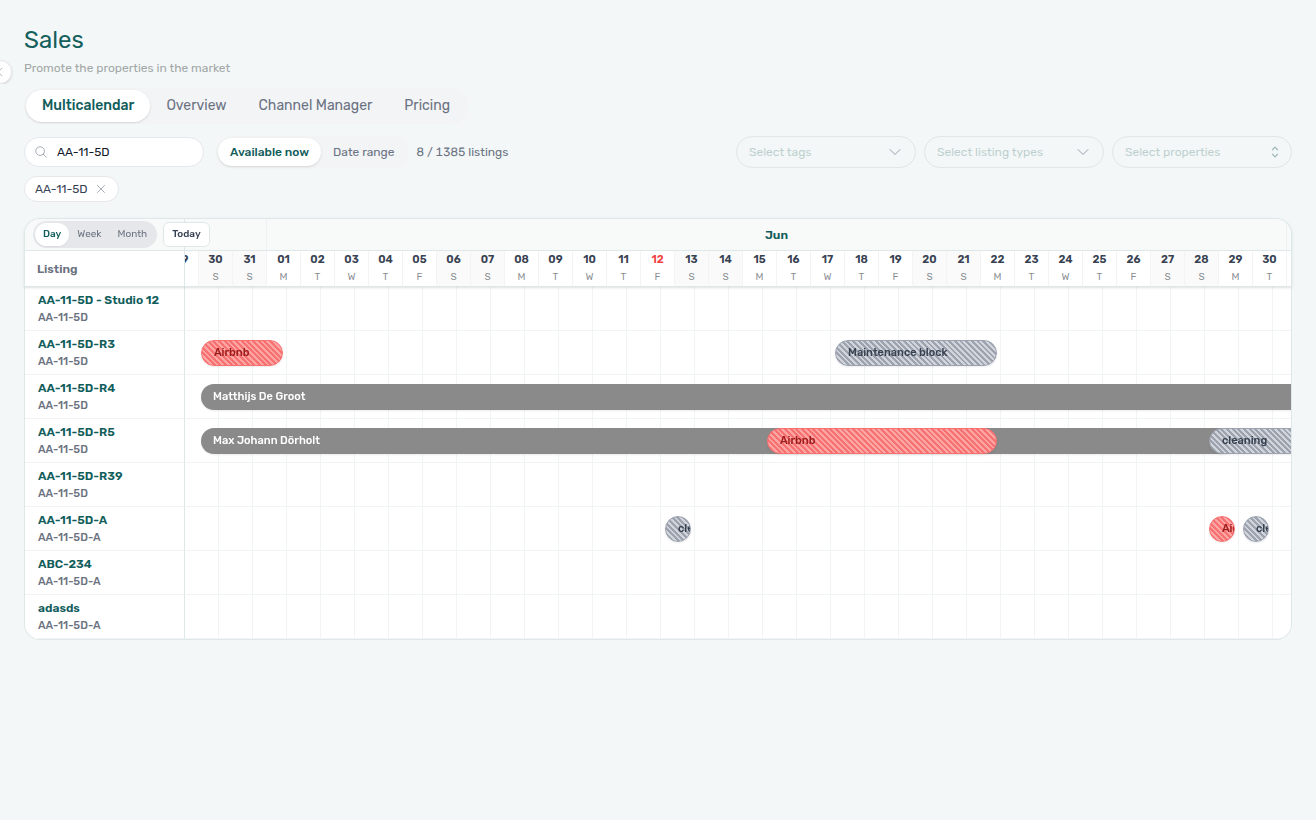 Sales — Multicalendar tab with Day / Week / Month scale, Sales filters, and unit × time availability bars (example search: AA-11-5D)