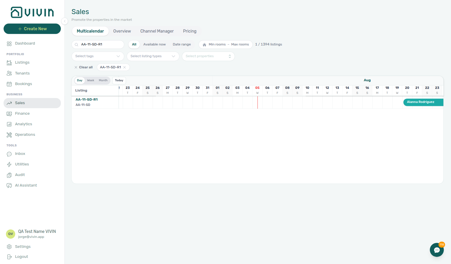 Sales — Multicalendar Day scale filtered to AA-11-5D-R1 with booking bars and Today marker